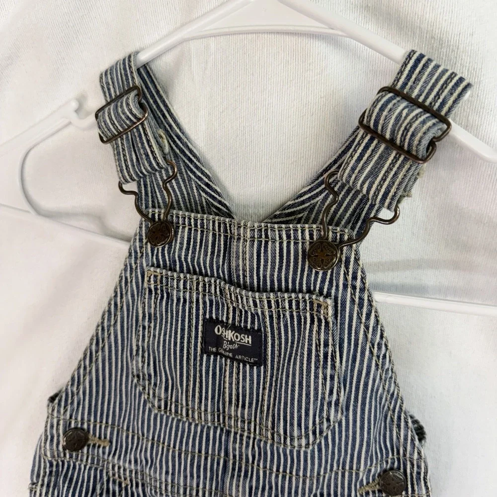 OshKosh B'gosh Denim Striped Overall 12 Months Blue/White Buckle Pockets Vintage